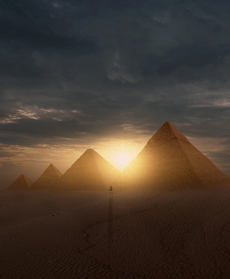 pyramids, sun, desert, silhouette, sunset, HD phone wallpaper