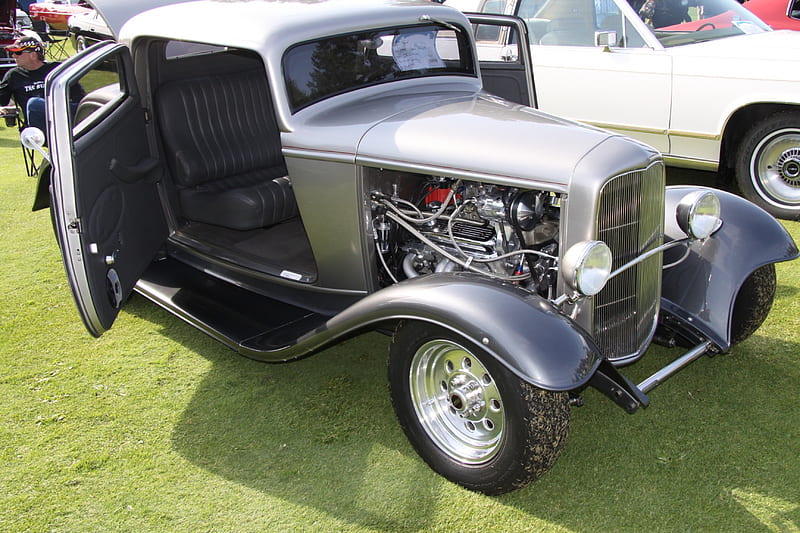 1932 Ford coupe, Ford, headlights, black, grills, silver, graphy, engine, tires, seats, HD wallpaper