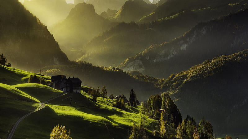 beautiful farm in a green valley, farm, valley, mountains, mist, HD wallpaper