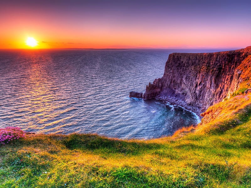 Cliffs of Moher, Ireland, sun, water, colors, sunset, sky, sea, HD wallpaper