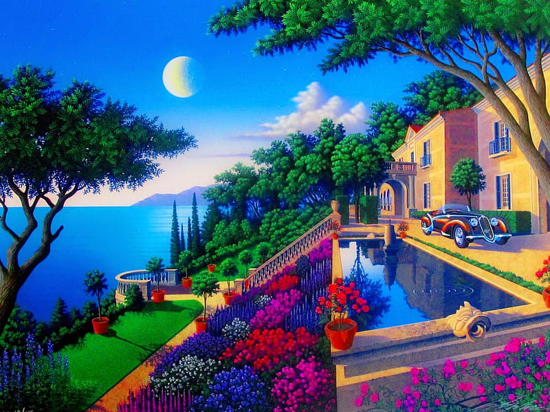 Villa Capulet, rest, art, shore, vacation, house, bonito, villa, pool, sea, moon, car, painting, summer, coast, HD wallpaper