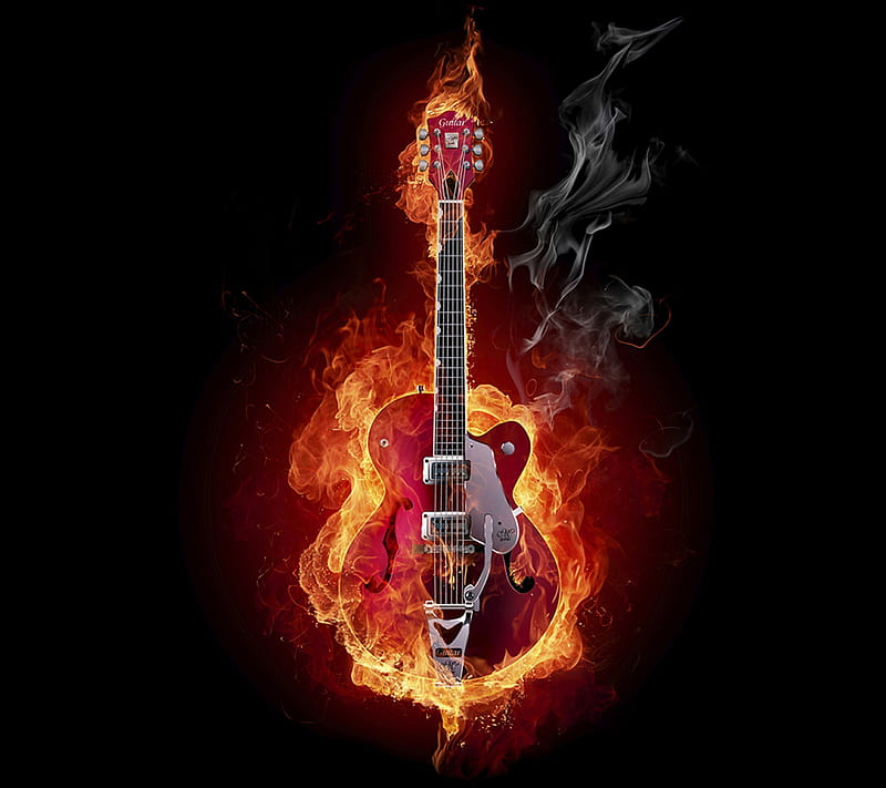 gutars fire, bass, guitar, guitars, hard, music, rock, HD wallpaper