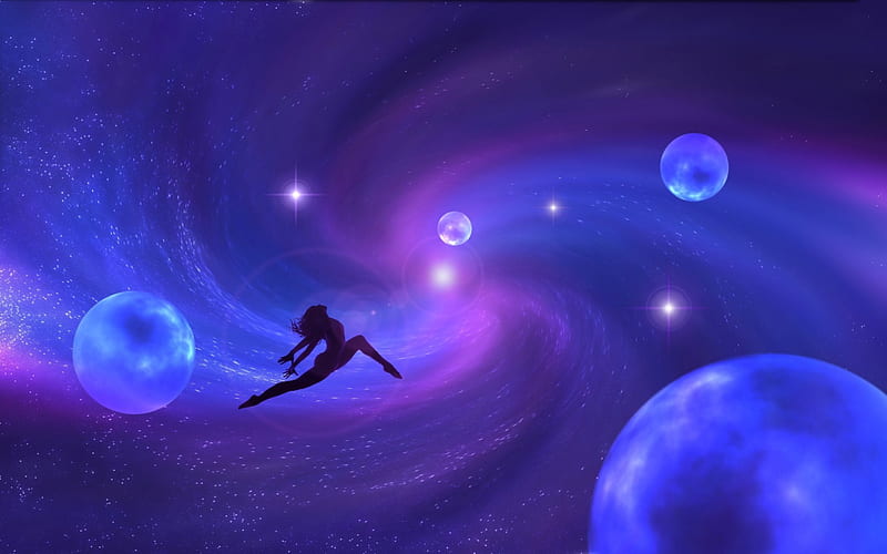 Fantasy, frumusete, space, superb, woman, silhouette, moon, planet, cosmos, pink, gorgeous, blue, HD wallpaper