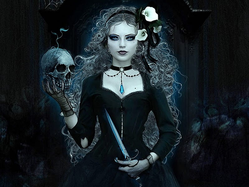 DARK WICCA WITH SKULL, wicca, female, gothic, dark, skull, knife, HD wallpaper