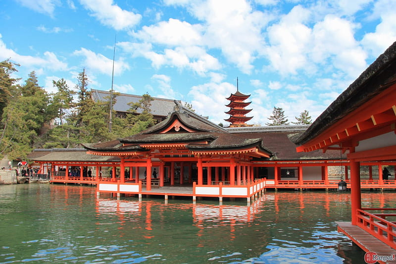 Itsukushima Temple, red, japan, japanese, shrine, ocean, hiroshima, temple, sky, HD wallpaper