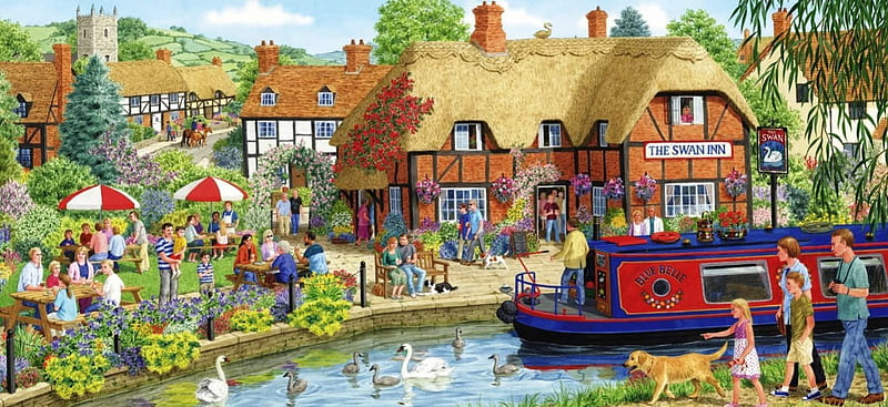 Canal Scenery, cottages, ship, people, village, artwork, swan inn, HD wallpaper