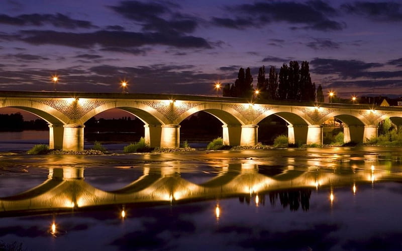Silhouetted Bridge, Water, Lights, Bridge, Architecture, HD wallpaper