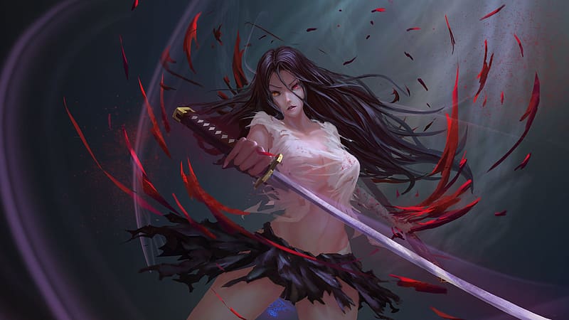 Wallpaper girl, weapons, blood, sword, anime, form, wound, shuang