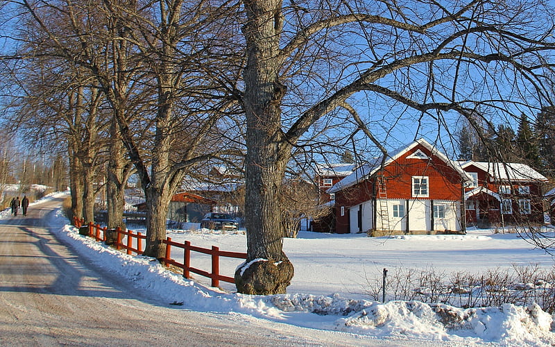Winter in Sweden, Sweden, avenue, snow, houses, alley, road, trees, winter, HD wallpaper