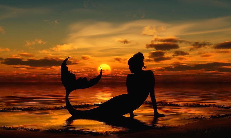 Mermaid at Sunset, silouette, seas, orange, Mermaid, ocean, colors, sunset, HD wallpaper