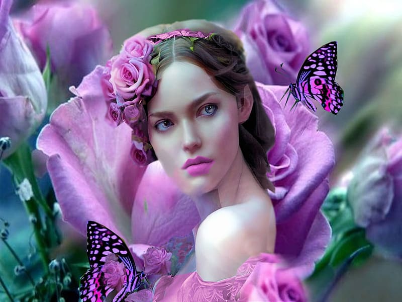 Angelicly Radiant Girl In Purple Flowers, dress, colorful, lavendar, vibrant, girl, purple, butterflies, vivid, green, bright, bold, flowers, HD wallpaper