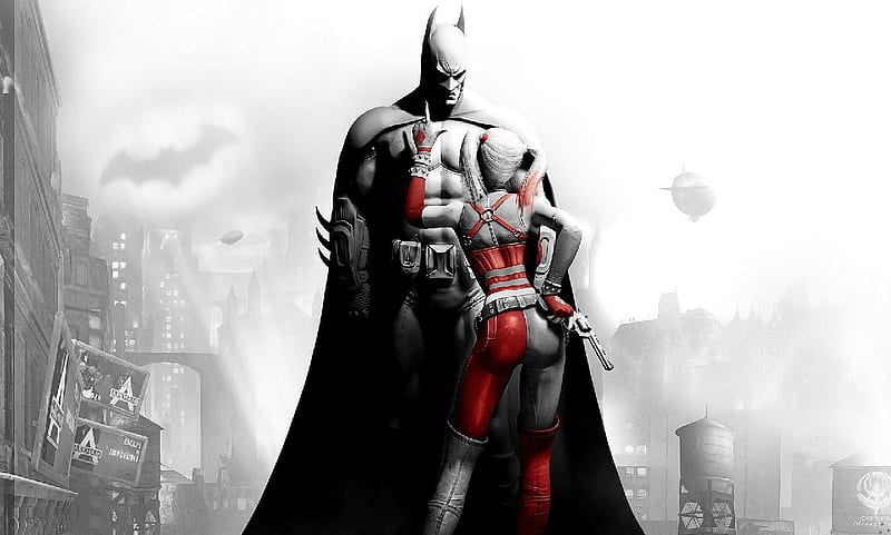 Batman And Harley Quinn, gotham city, foggy, blimp, bat signal, HD wallpaper
