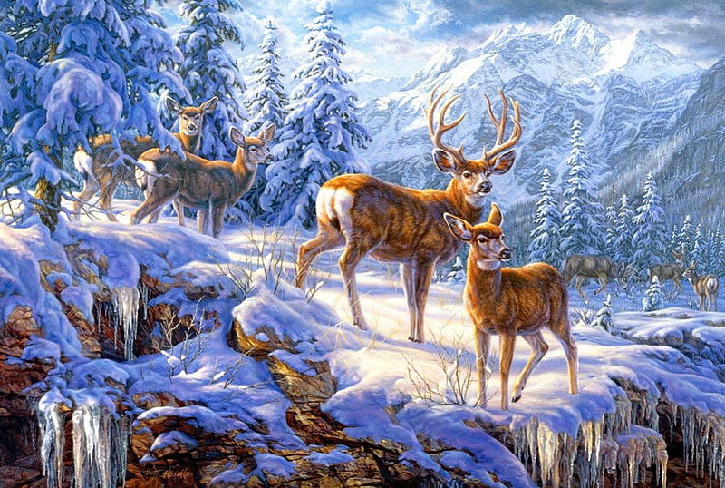 Winter mountain light, family, bonito, snowy, cold, mountain, nice, painting, deers, light, frost, animals, art, hills, forest, lovely, trees, winter, ice, peaceful, frozen, HD wallpaper