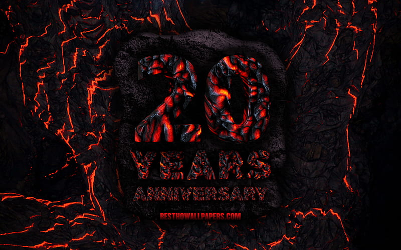 20 Years Anniversary, fire lava letters, 20th anniversary sign, 20th anniversary, grunge background, anniversary concepts, HD wallpaper