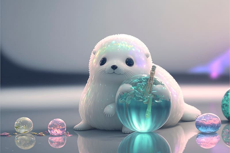 Baby seal pup, seal, blue, pup, white, brecht corbeel, fantasy, cute, baby, HD wallpaper