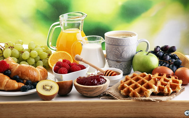 Breakfast, juice, coffee, fruits, wafers, HD wallpaper