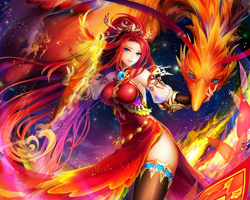 Flame, red, redhead, bonito, magic, anime, hot, beauty, anime girl, female,  phoenix, HD wallpaper | Peakpx
