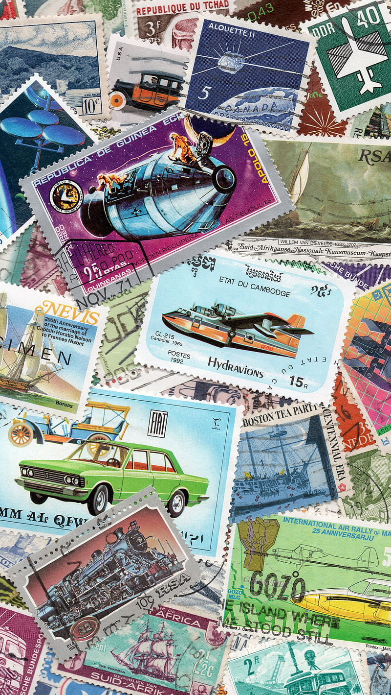 Retro postage stamps 6, car, mail, post, rocket, train, transport, vintage, HD phone wallpaper