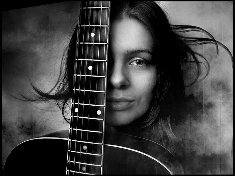 I SING MY SONG, graphy, song, guitar, bw, music, portrait, woman, singer, HD wallpaper