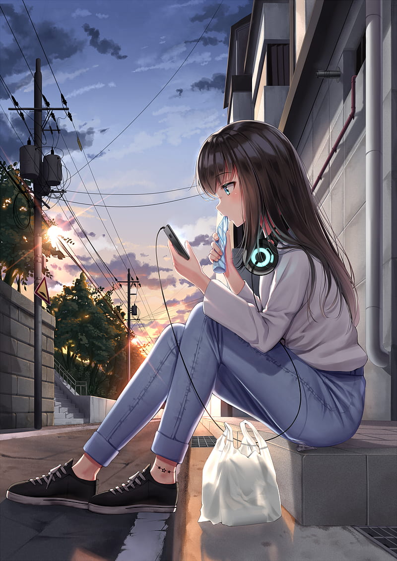 Anime, anime girls, sitting, urban, headphones, smartphone, outdoors, dark  hair, HD phone wallpaper | Peakpx