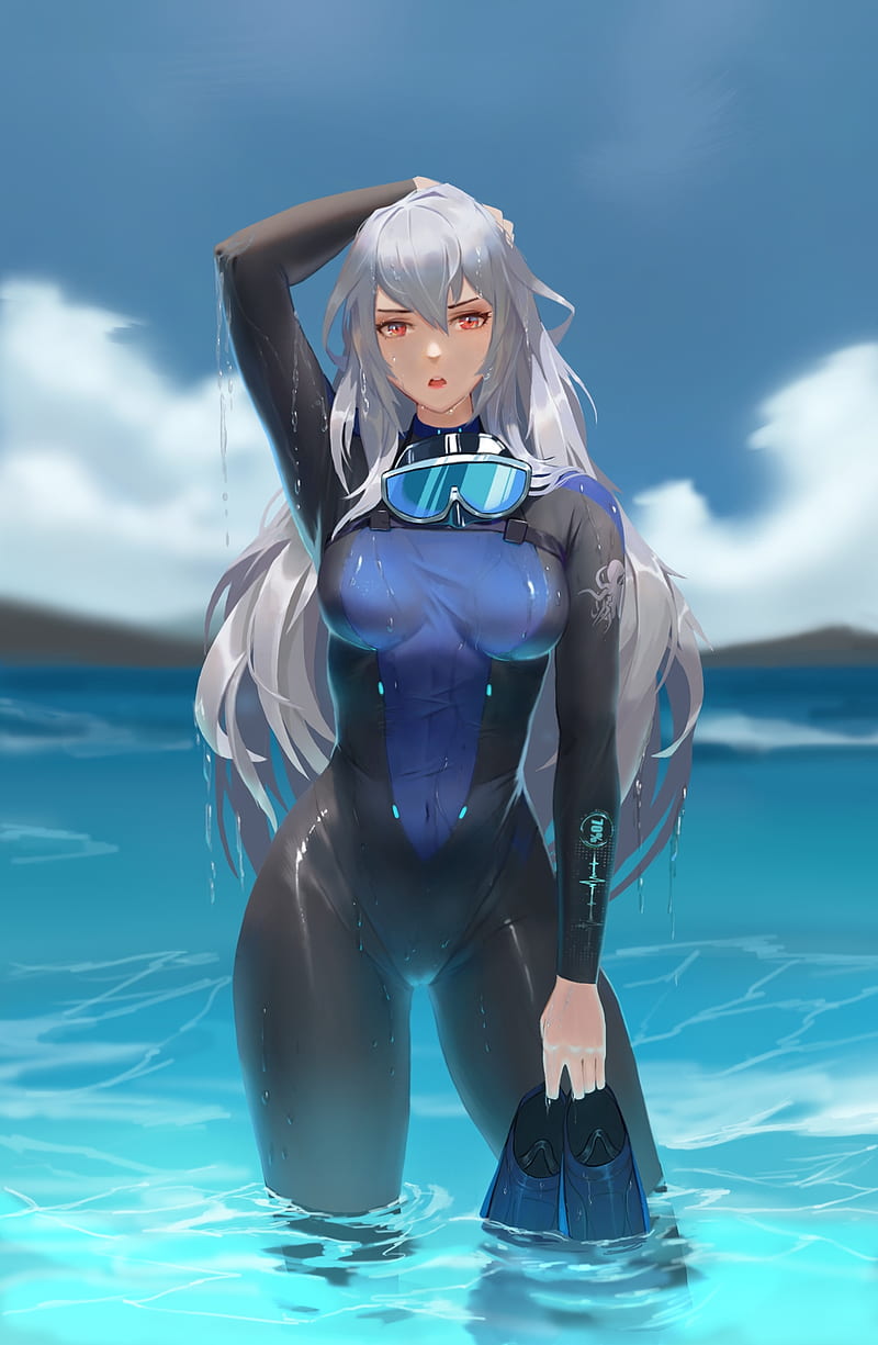 anime girls, Arknights, frontal view, hand on head, wet, diving suits, HD phone wallpaper