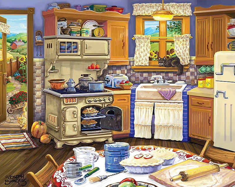 Country Kitchen, table, closet, utensils, artwork, door, cooker, furniture, painting, room, HD wallpaper