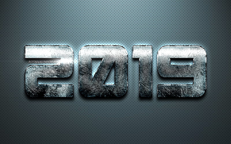 2019 metal digits, blue background, Happy New Year 2019, 2019 blue metal digits, 2019 metal art, 2019 concepts, blue neon lights, 2019 on metal background, 2019 year digits, HD wallpaper