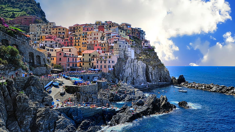 Manarola, Liguria, La Spezia, Italy, houses, ocean, mountains, nature, sky, italy, HD wallpaper