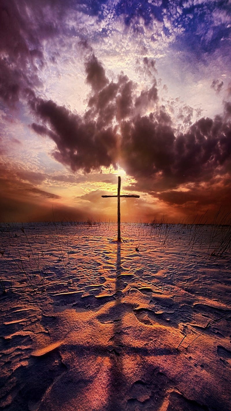 Cross, christ, christian, clouds, jesus, sand, shadow, son of god, sunset, HD phone wallpaper