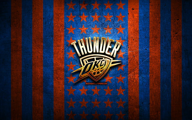 Oklahoma City Thunder flag, NBA, orange blue metal background, american basketball club, Oklahoma City Thunder logo, USA, basketball, OKC logo, golden logo, Oklahoma City Thunder, OKC, HD wallpaper