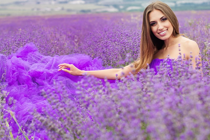 Sea of Lavender, happiness, lavender, sky, clouds, women, purple, lave, flowers, beauty, purple gown, field, HD wallpaper