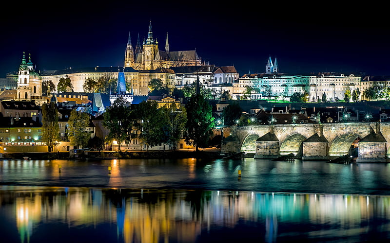 Prague Castle, Prague, evening, night, Prague cityscape, skyline, Czech Republic, HD wallpaper