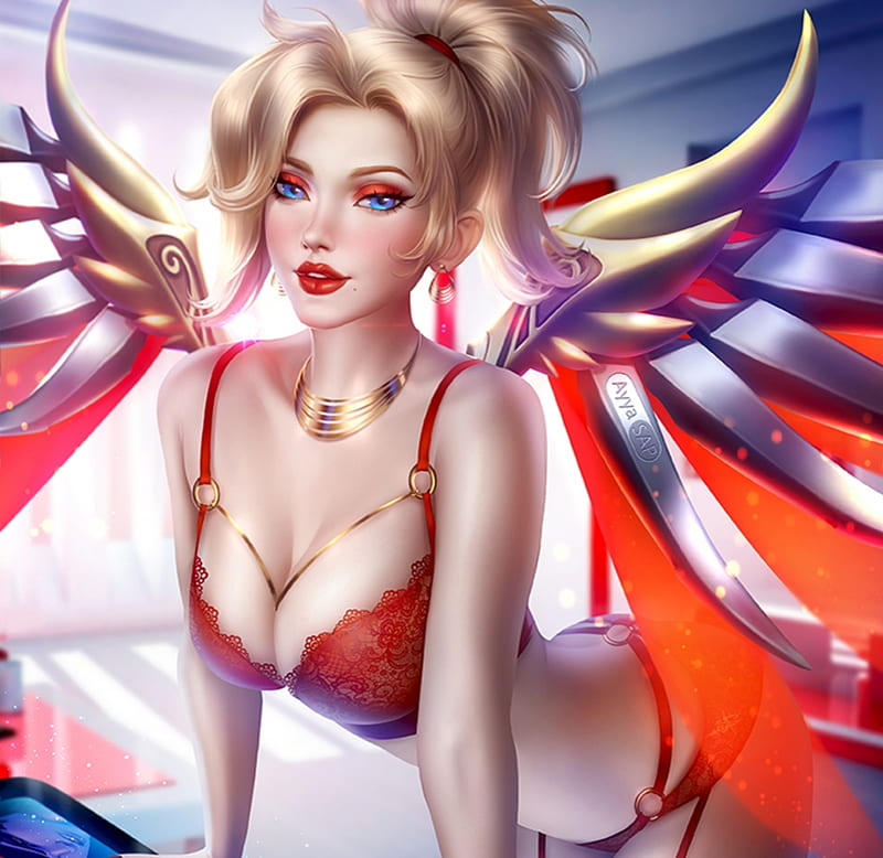 Mercy, red, fantasy, overwatch, wings, ayyasap, girl, blonde, luminos, HD wallpaper