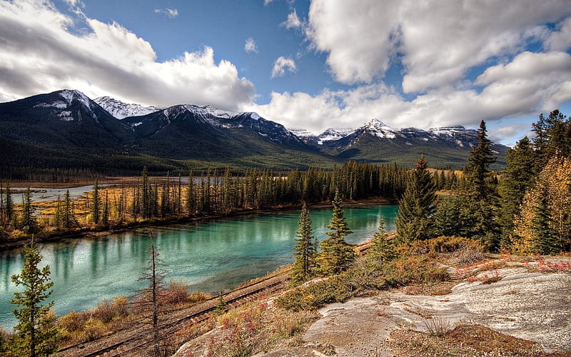banff national park, river, canadian, pacific railway, mountains, HD wallpaper