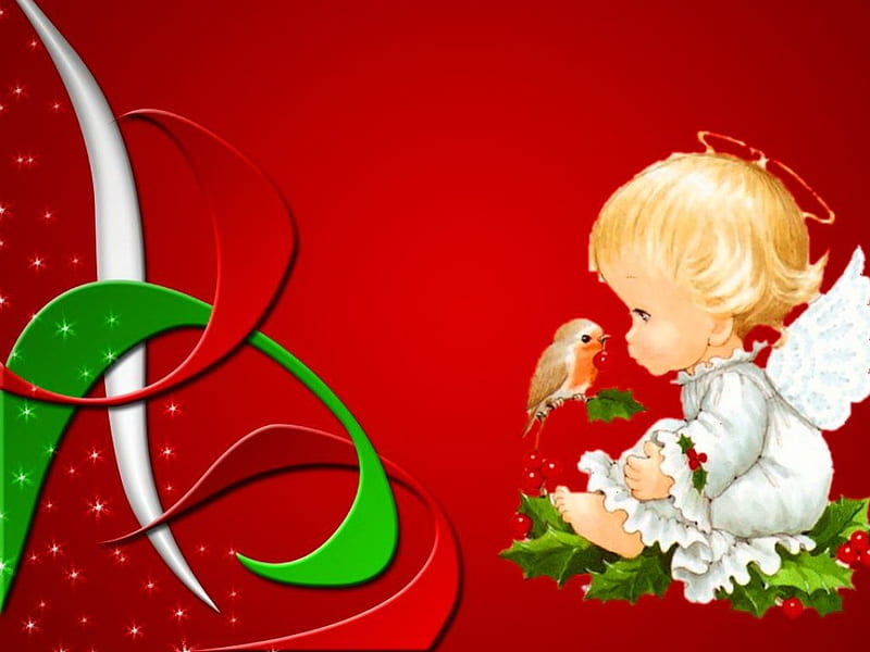 Christmas cherub, wings, bird, ribbon, child, cherub, HD wallpaper