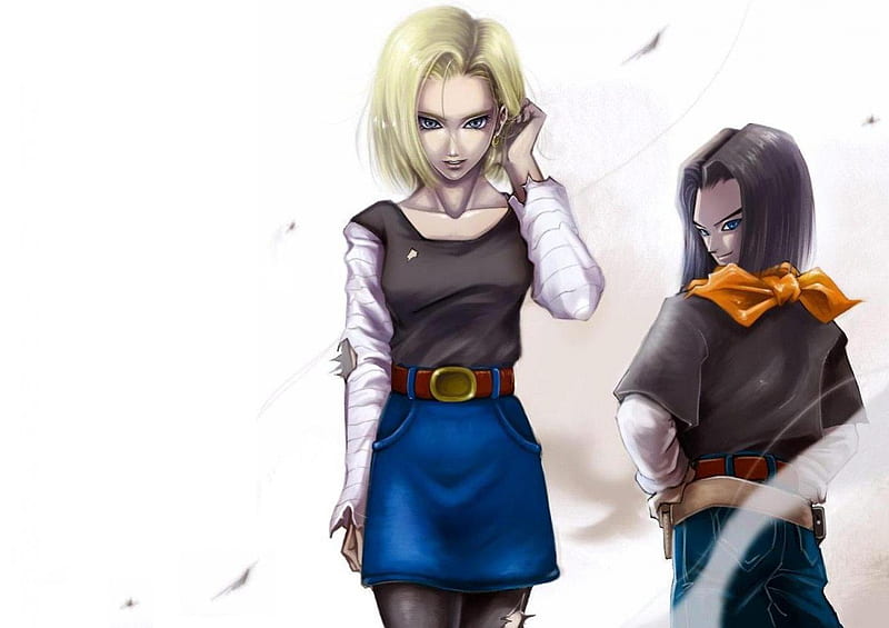 Android 18 and Android 17, dragonballz, androids, skirt, white background, dragonballz kai, android 18, duo, dragonball kai, anime, scarf, android 17, blue eyes, HD wallpaper