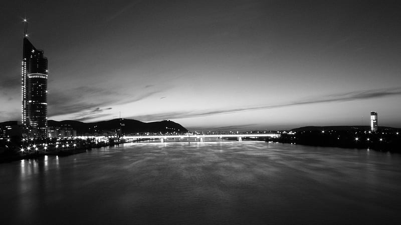 lit bridge at night, city, bridge, river, lights, night, HD wallpaper