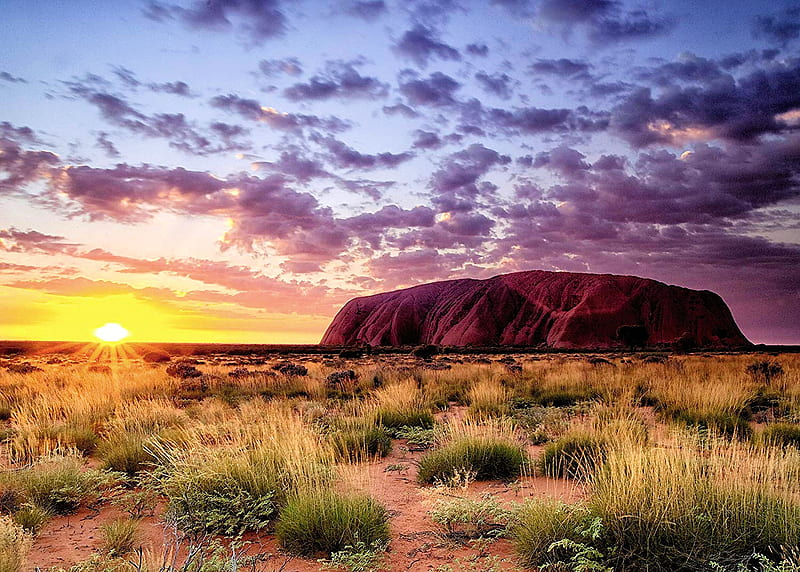 Ayers Rock, Australia, sun, sunset, sky, landscape, clouds, HD wallpaper