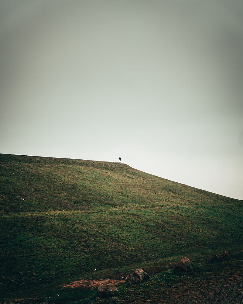 man, alone, hill, field, nature, HD phone wallpaper