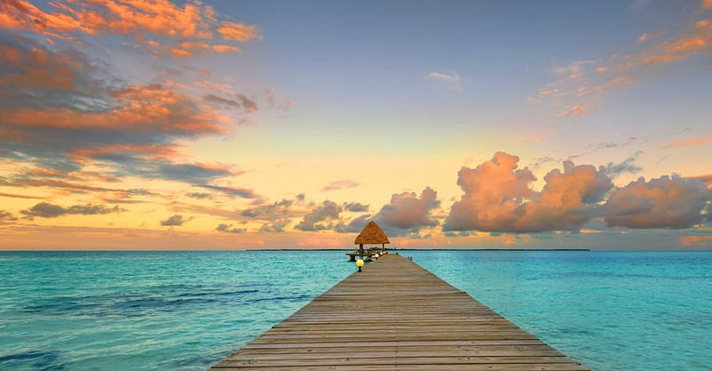 Pier Sunset in Belize, oceans, piers, sunset, sky, sea, beach huts, beaches, bungalows, nature, beach villas, HD wallpaper