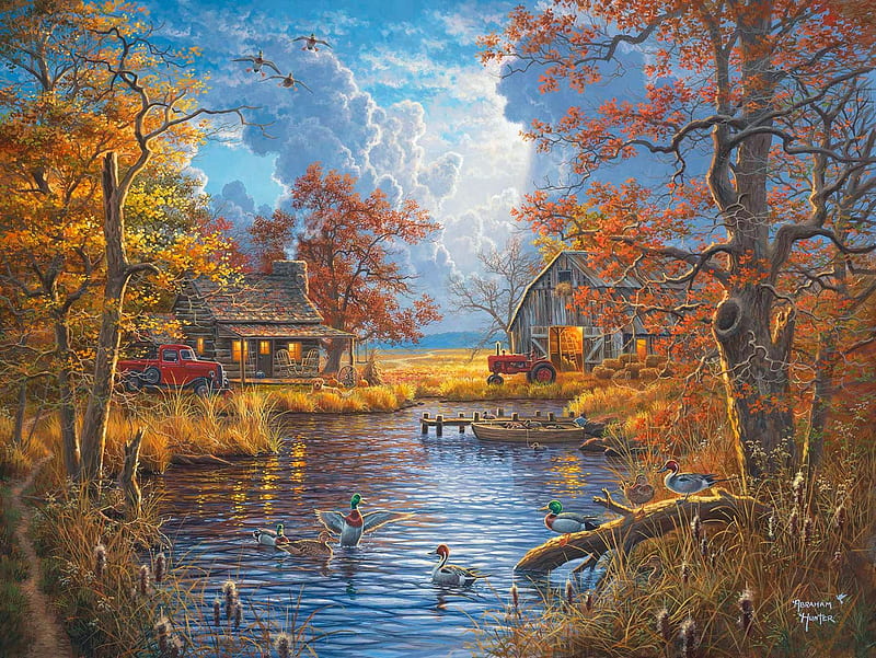 Good Ol' Days, house, tractor, autumn, ducks, trees, sky, clouds, artwork, barn, boat, car, painting, river, HD wallpaper