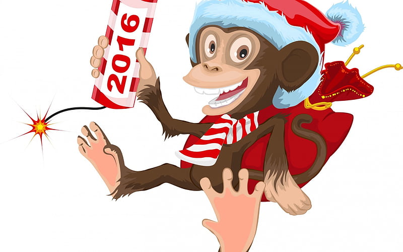 Happy New Year!, red, 2016, craciun, christmas, zodiac, animal, hat, card, monkey, santa, chinese, funny, white, HD wallpaper