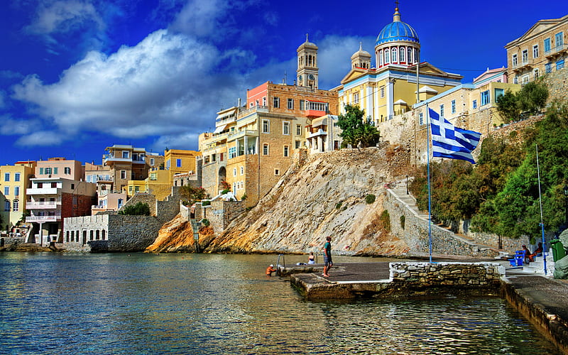 Mediterranean, summer, Greece, resorts, travel, Greek flag, coast, flag of Greece, HD wallpaper