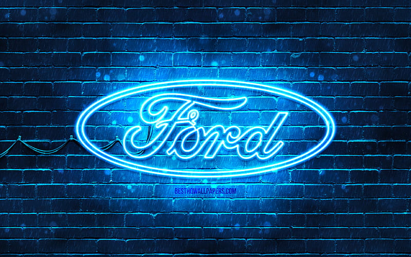 Ford blue logo blue brickwall, Ford logo, cars brands, Ford neon logo, Ford, HD wallpaper