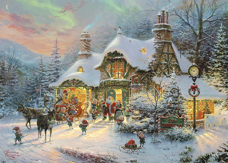 Ready for Christmas, pictura, thomas kinjade, art, house, craciun, christmas, elf, gnome, thomas kinkade, santa, painting, reindeer, dwarf, HD wallpaper