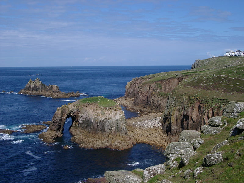 Lands End, Cornwall UK, rocks, grass, isolated rock, sea, blue, HD wallpaper