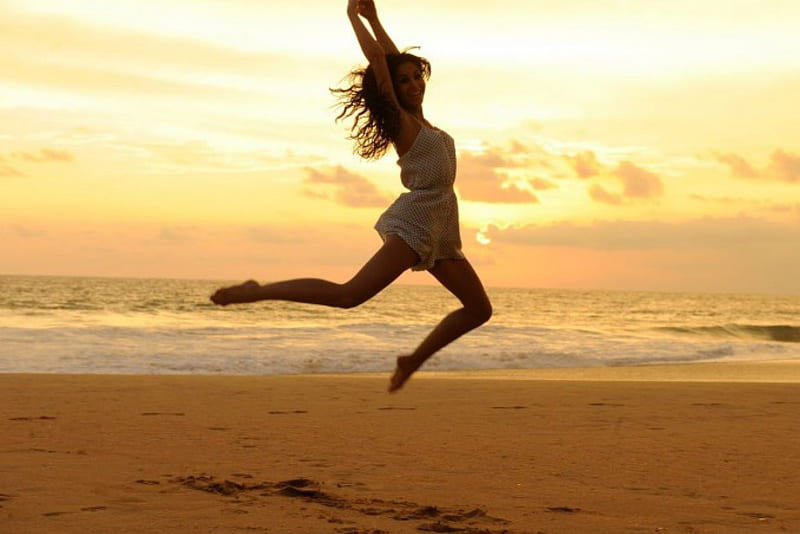 Jumping, Beach, Sun, Women, Hd Wallpaper 