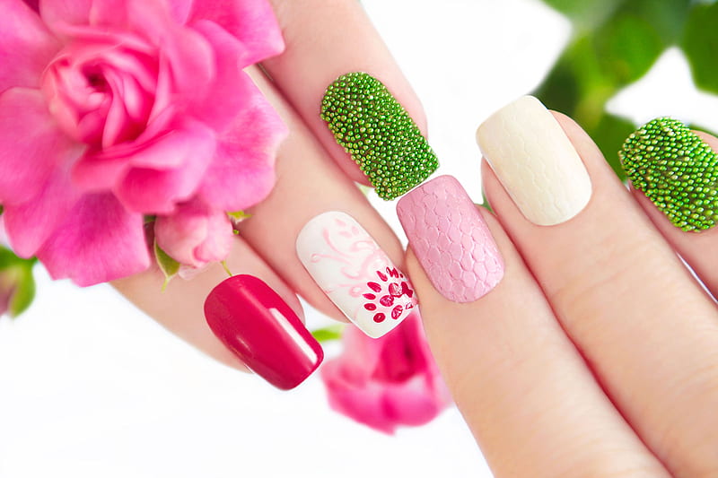 Spring manicure, green, manicure, flower, hand, spring, woman, pink, nail, HD wallpaper