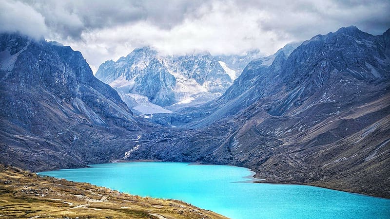 Glacial lake in the Ausangate Mountains of Peru, landscape, sky, water, rocks, clouds, HD wallpaper