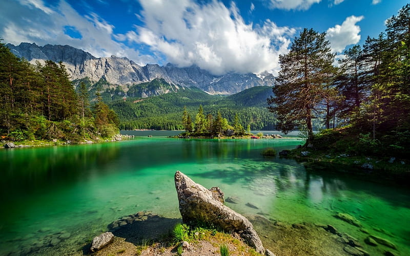Eibsee Lake, forest, Bavaria, bonito, trees, clouds, lake, emerald water, green, mountains, summer, islot, Germany, HD wallpaper